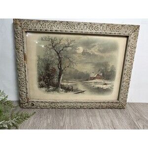 Antique Vintage 1894 J.Hoover Chromolithograph Print Red Barn River Winter Snow
